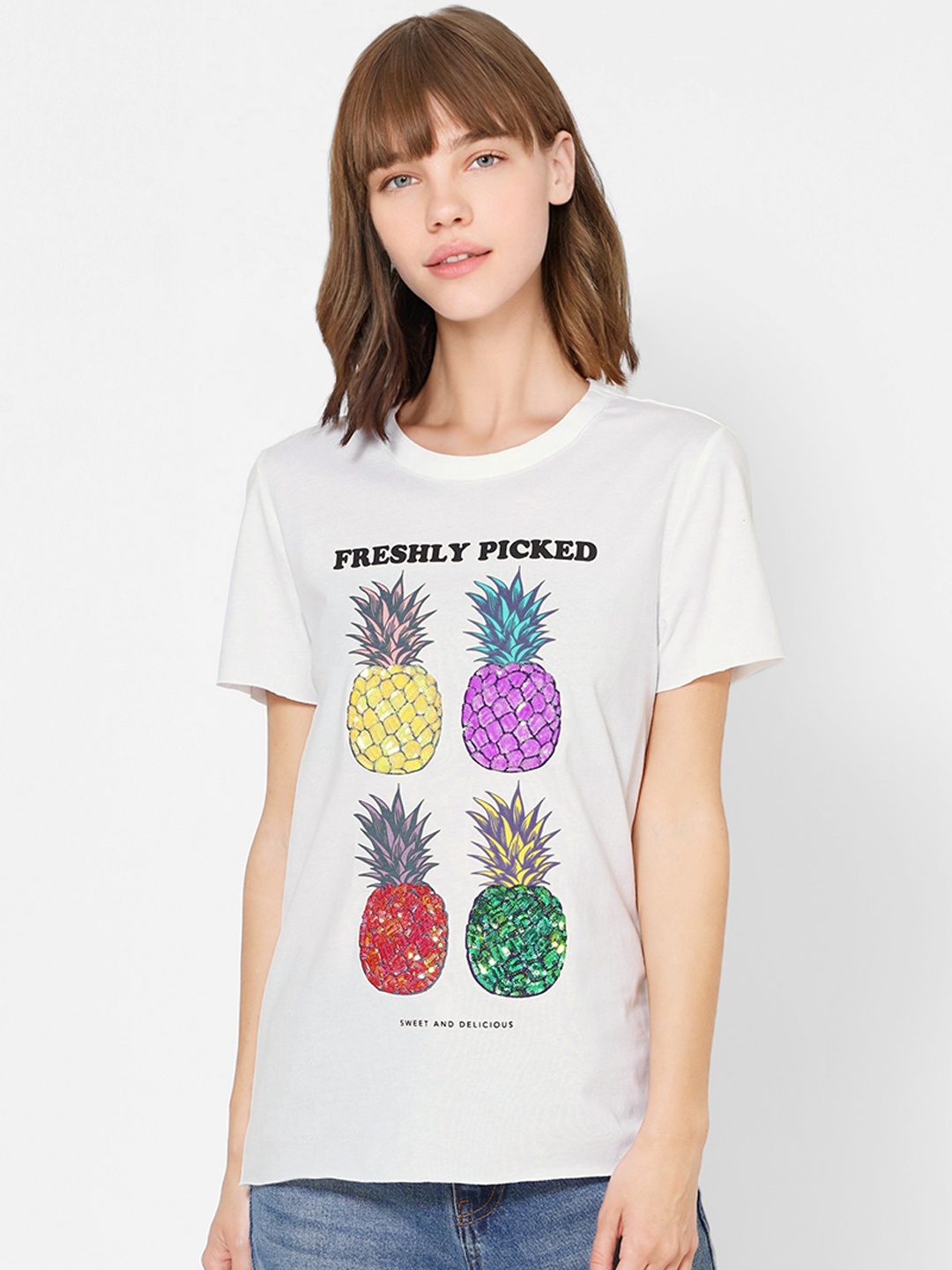

ONLY Women White Printed Round Neck Pure Cotton T-shirt