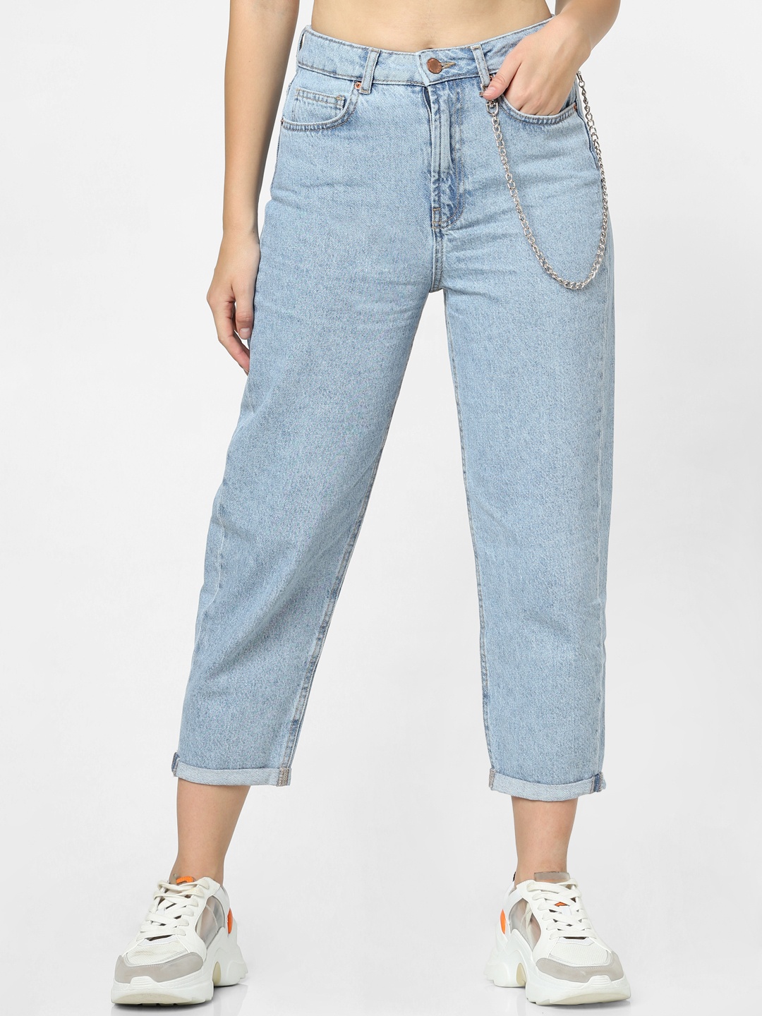 

ONLY Women Blue Mom Fit High-Rise Clean Look Stretchable Crop Jeans
