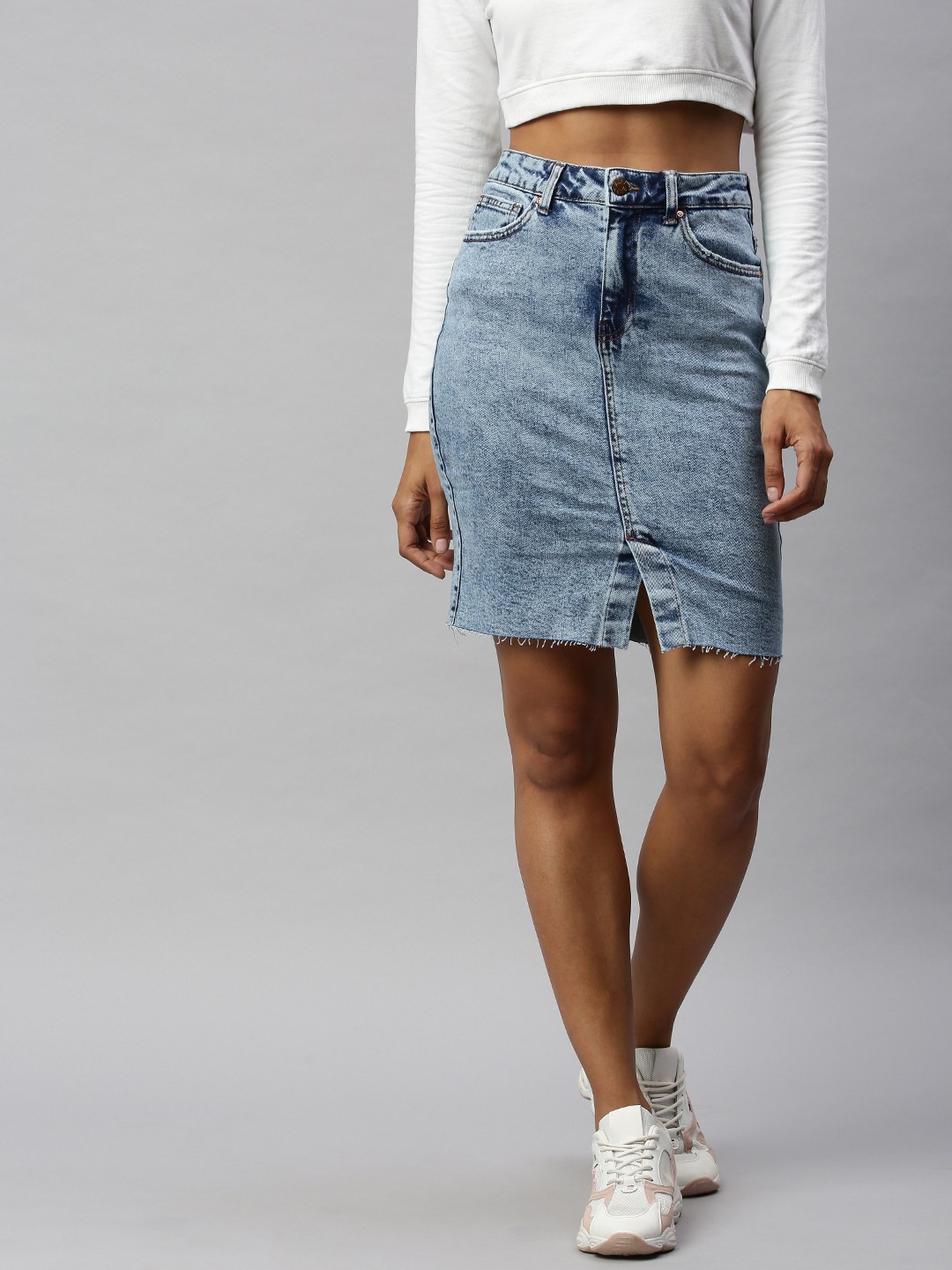 

ONLY Women Blue Washed Midi Pencil Denim Skirt