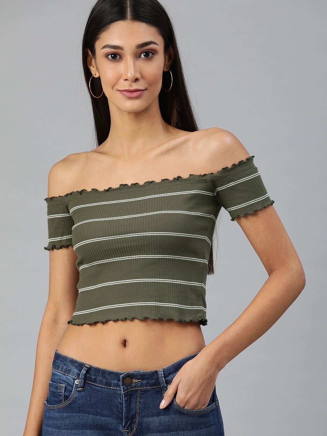 

ONLY Women Olive Green & White Striped Cropped Bardot Pure Cotton Top