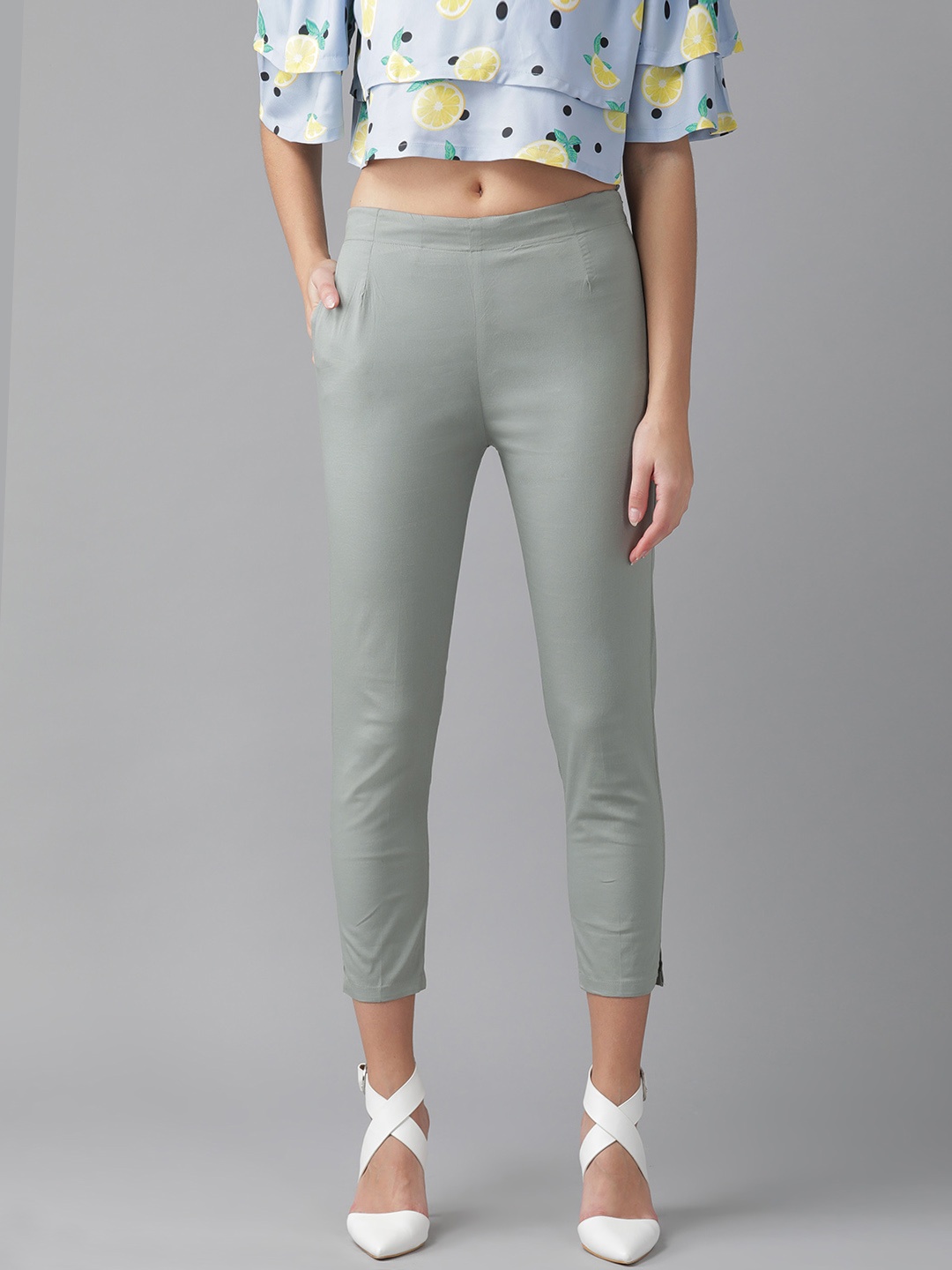 

ANAISA Women Grey Smart Slim Fit Solid Cigarette Cropped Trousers
