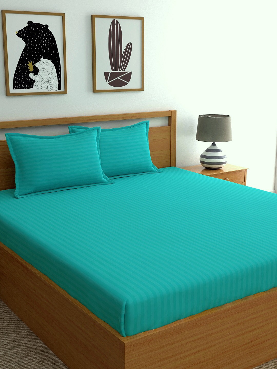 

URBAN SPACE Sea Green Striped 210 TC Cotton 1 King Bedsheet with 2 Pillow Covers