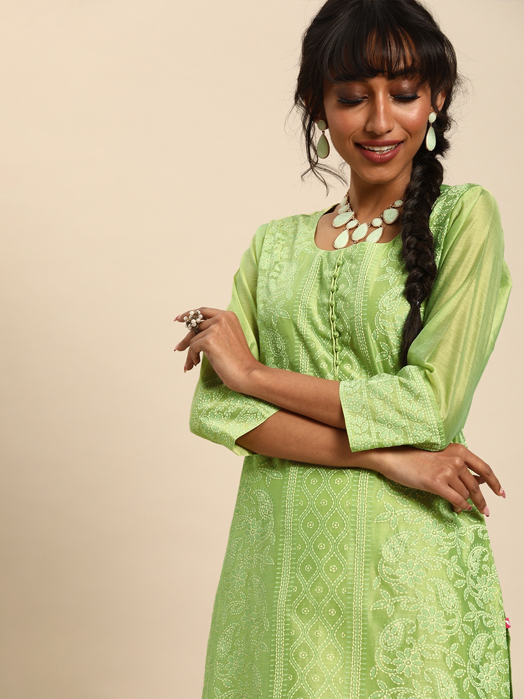 

Varanga Women Sea Green & White Printed Straight Kurta