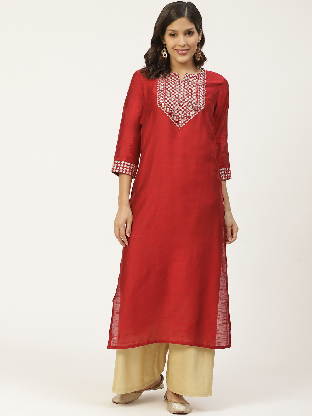 

Varanga Women Maroon & Golden Yoke Design Straight Kurta