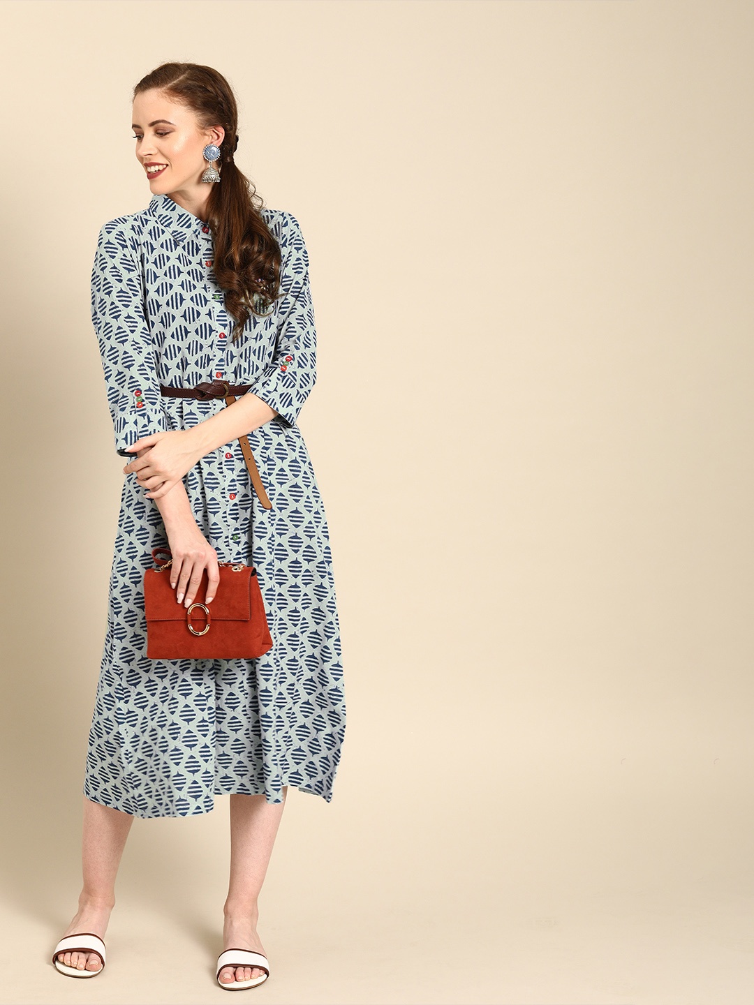 

Varanga Women Navy Blue Printed A-Line Dress
