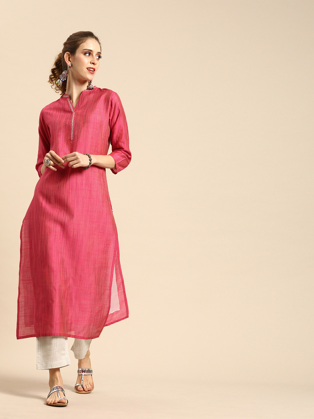 

Varanga Women Pink & Grey Solid Kurta with Trousers with Embroidered Detail, Purple