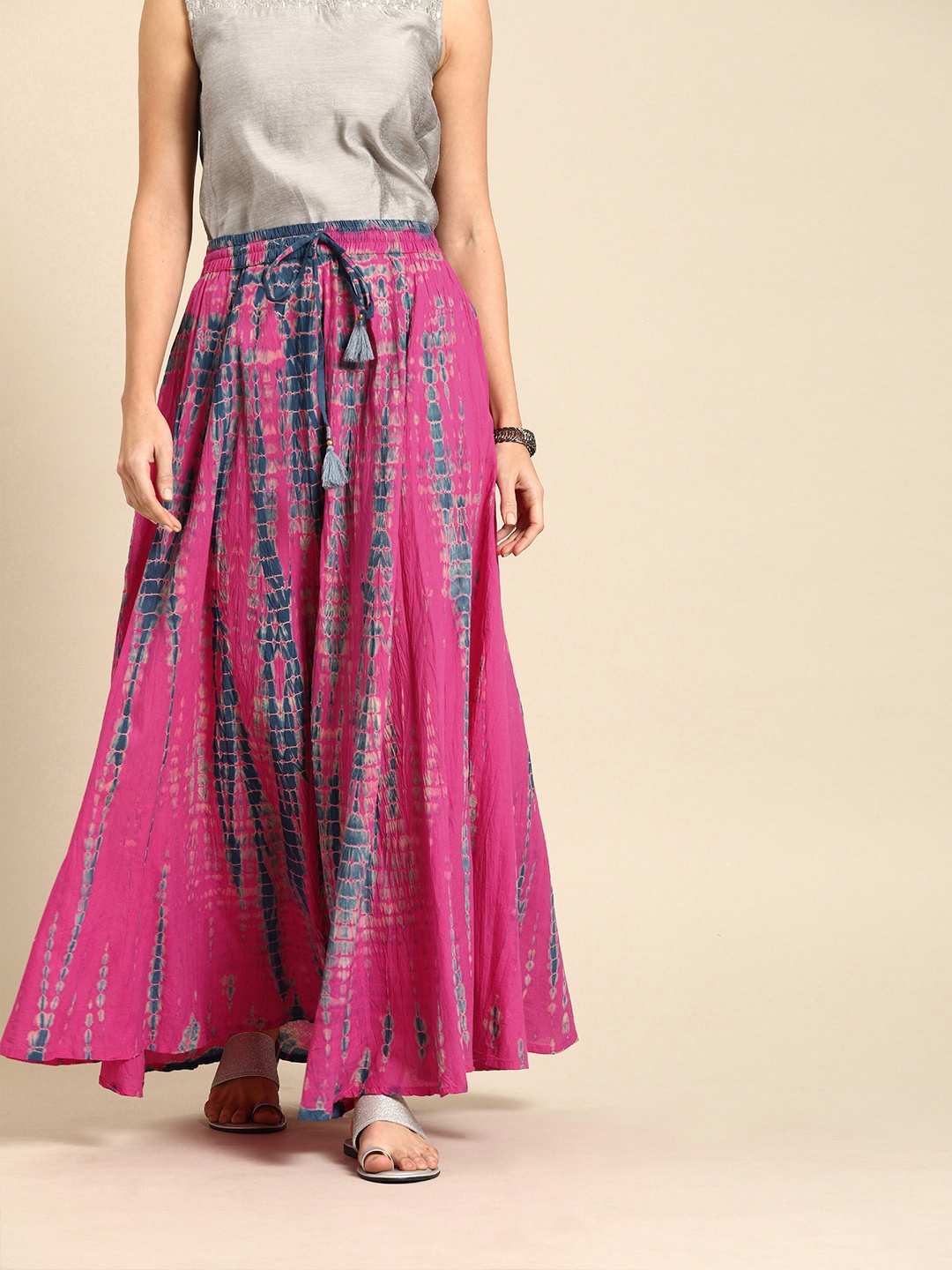 

Varanga Pink and Blue Dyed Maxi Pure Cotton Flared Skirt