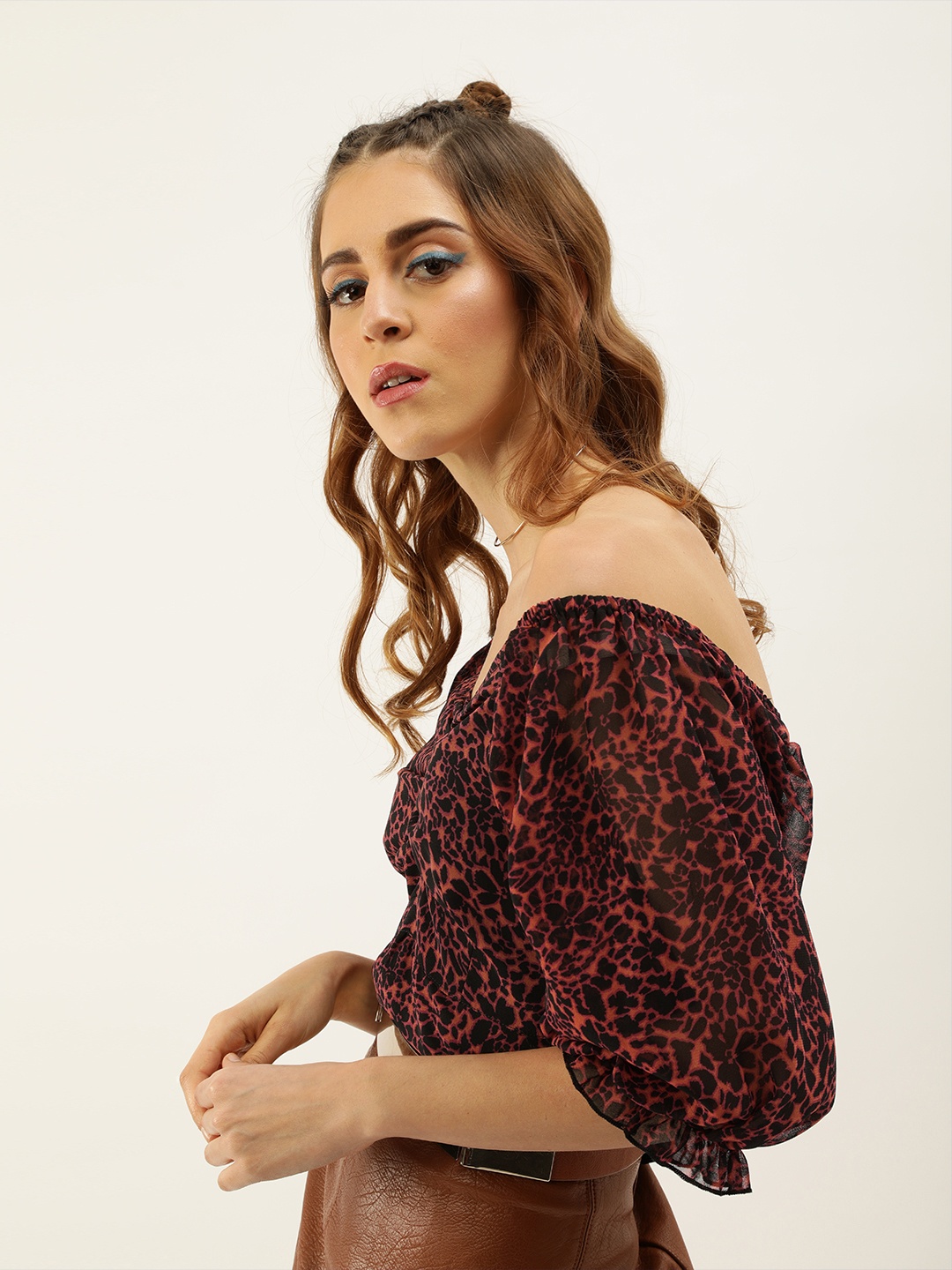 

Antheaa Red & Black Animal Print Fitted Crop Top with Smocking Detail