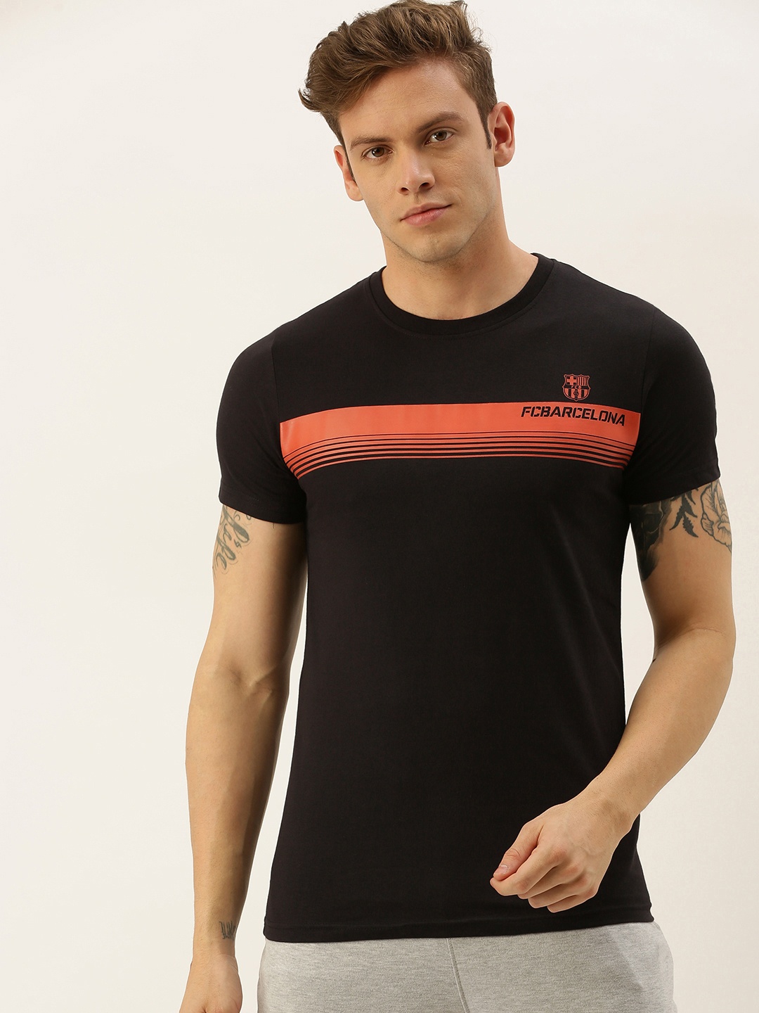 

FC Barcelona Men Black & Red Striped Round Neck Football T-shirt
