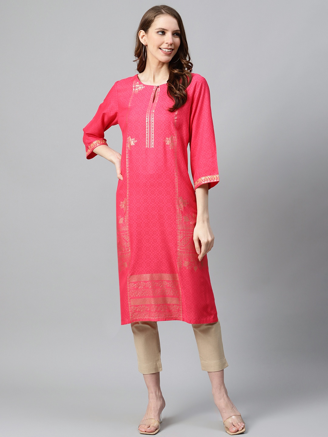 

W Women Pink & Golden Ethnic Motifs Printed Keyhole Neck Kurta