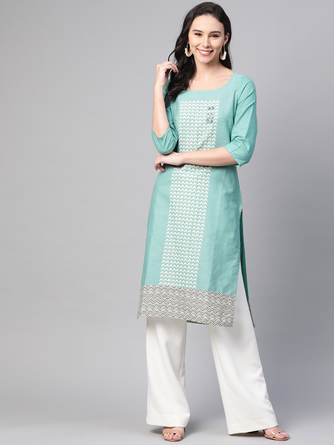 

W Women Sea Green & Off-White Printed Straight Kurta
