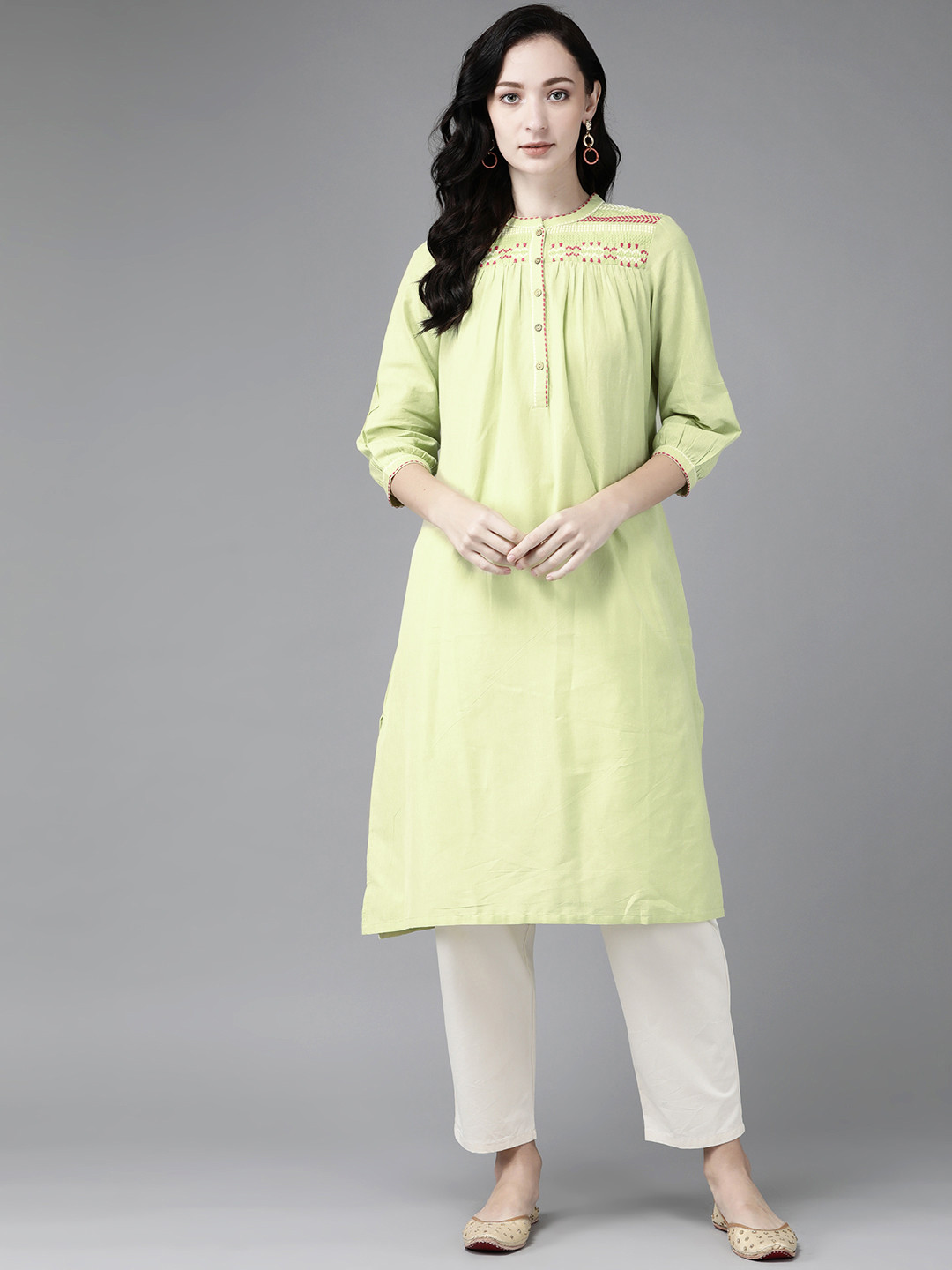

W Women Green & Pink Cotton Yoke Design Embroidered Pastels Kurta