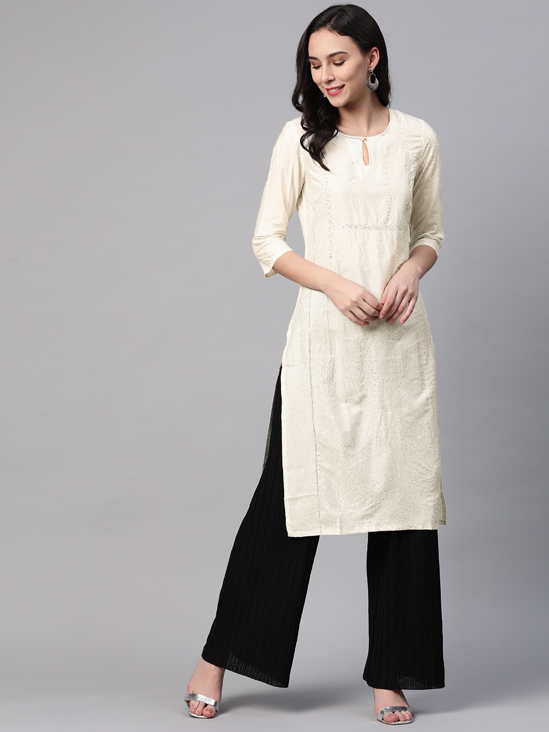 

W Women Off-White & Silver Printed Straight Kurta
