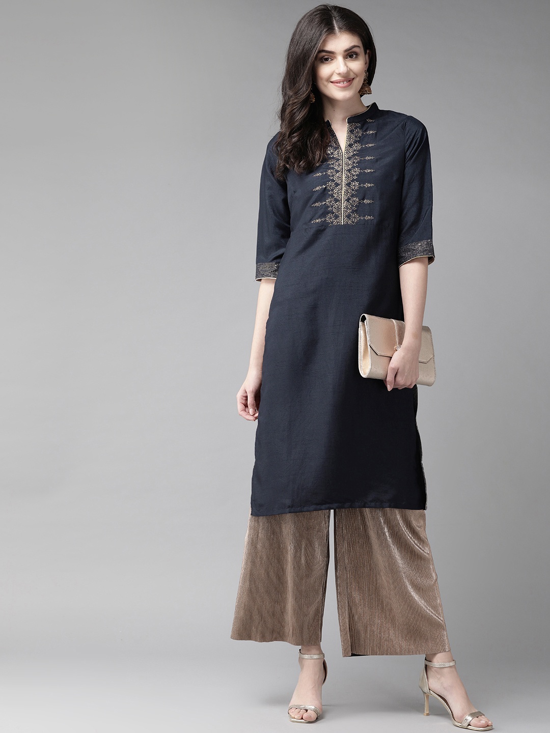 

W Women Navy Blue & Golden Yoke Design Straight Kurta