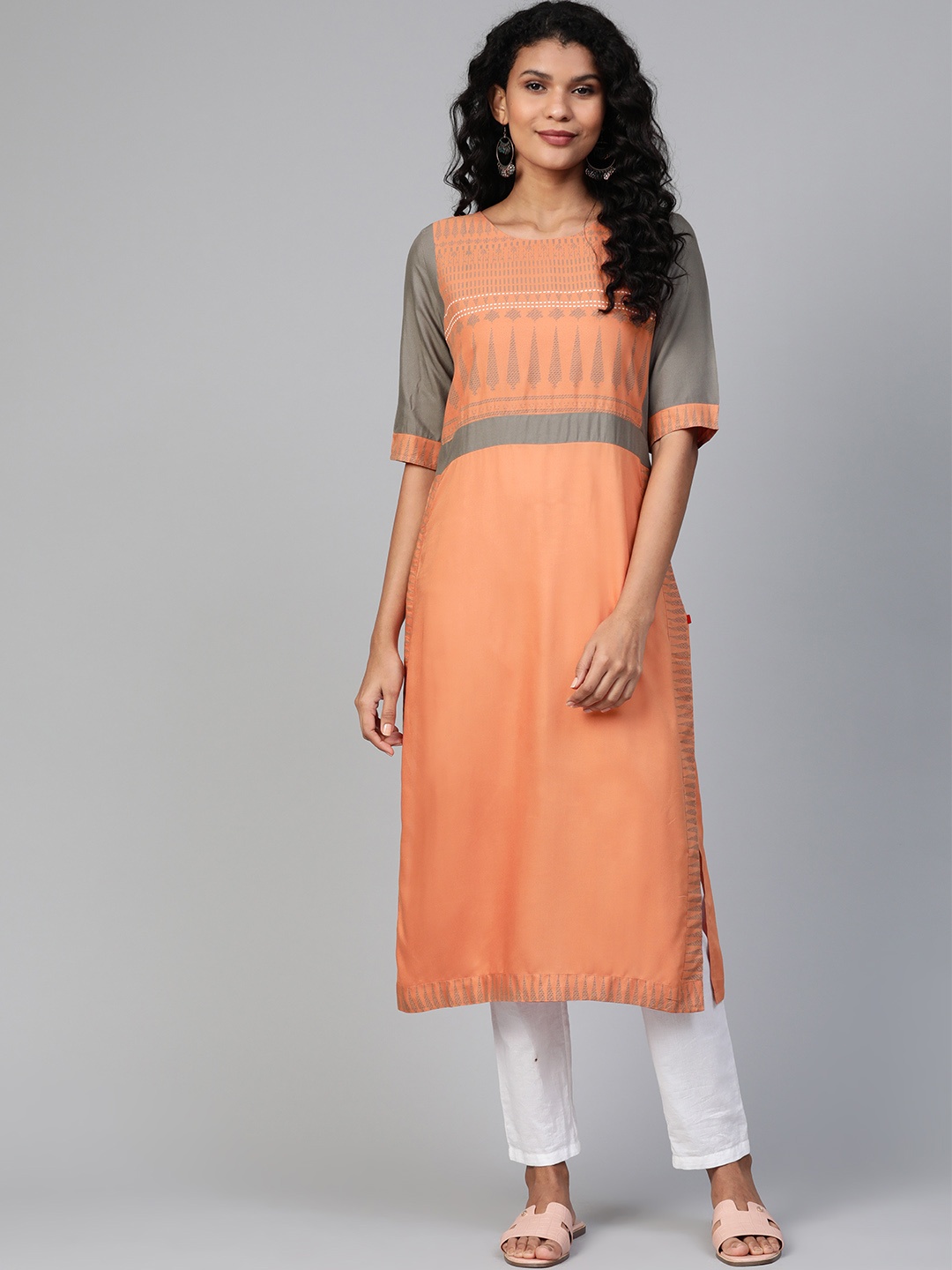 

W Women Peach-Coloured & Grey Yoke Design Straight Kurta