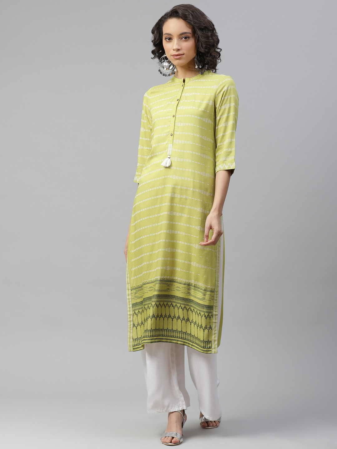 

W Women Lime Green & White Striped Kurta
