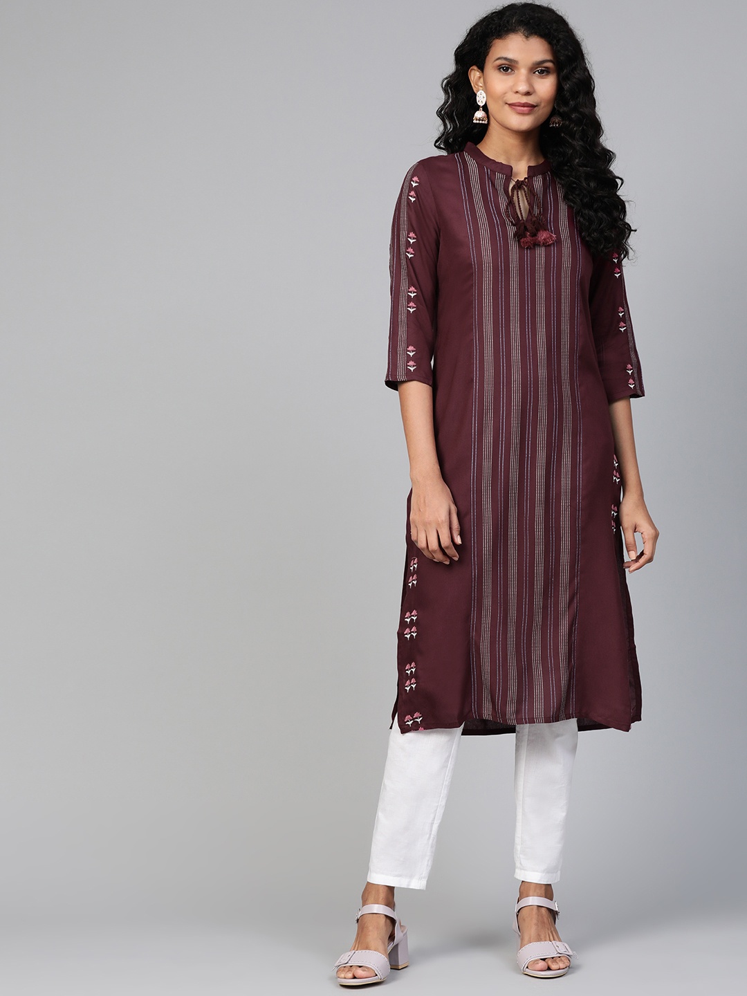

W Women Burgundy Striped Straight Kurta