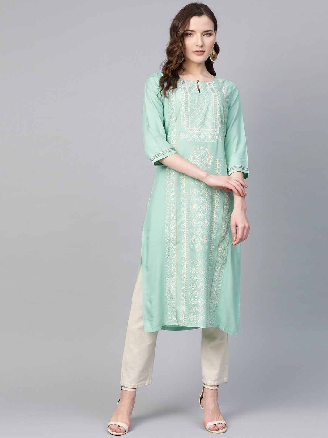 

W Women Turquoise Blue & Golden Printed Straight Kurta