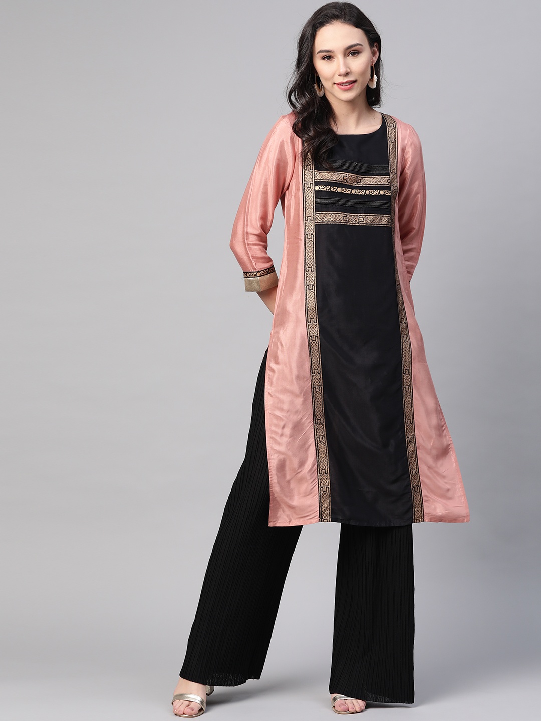 

W Women Pink & Black Printed Straight Kurta