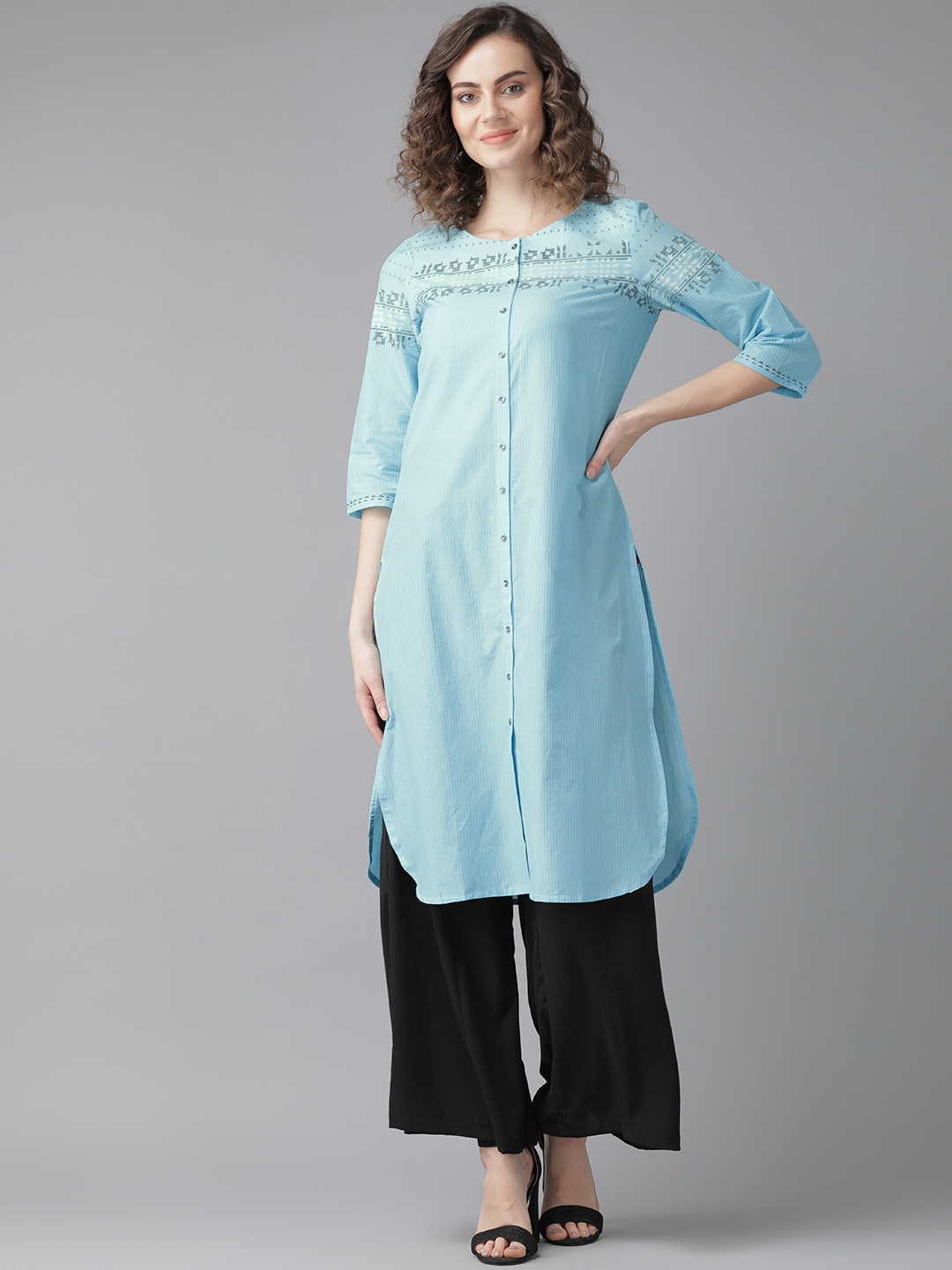 

W Women Blue Striped Straight Kurta