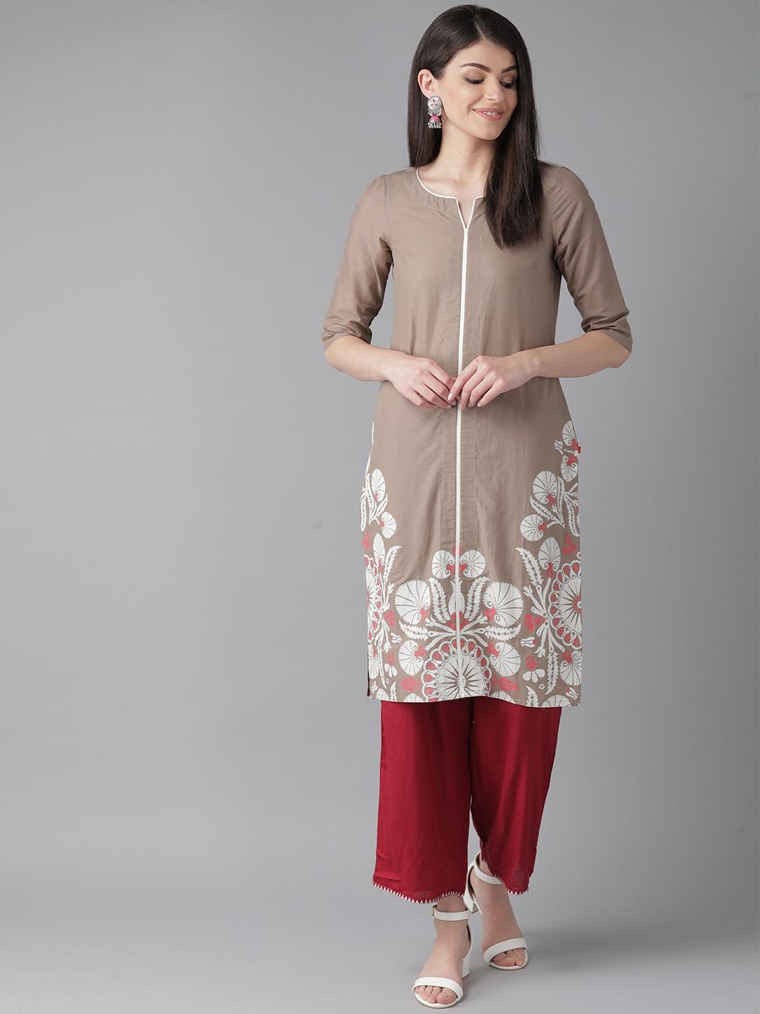 

W Women Taupe & White Printed Straight Kurta