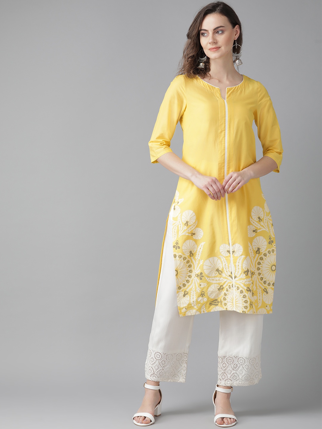 

W Women Yellow & White Printed Straight Kurta