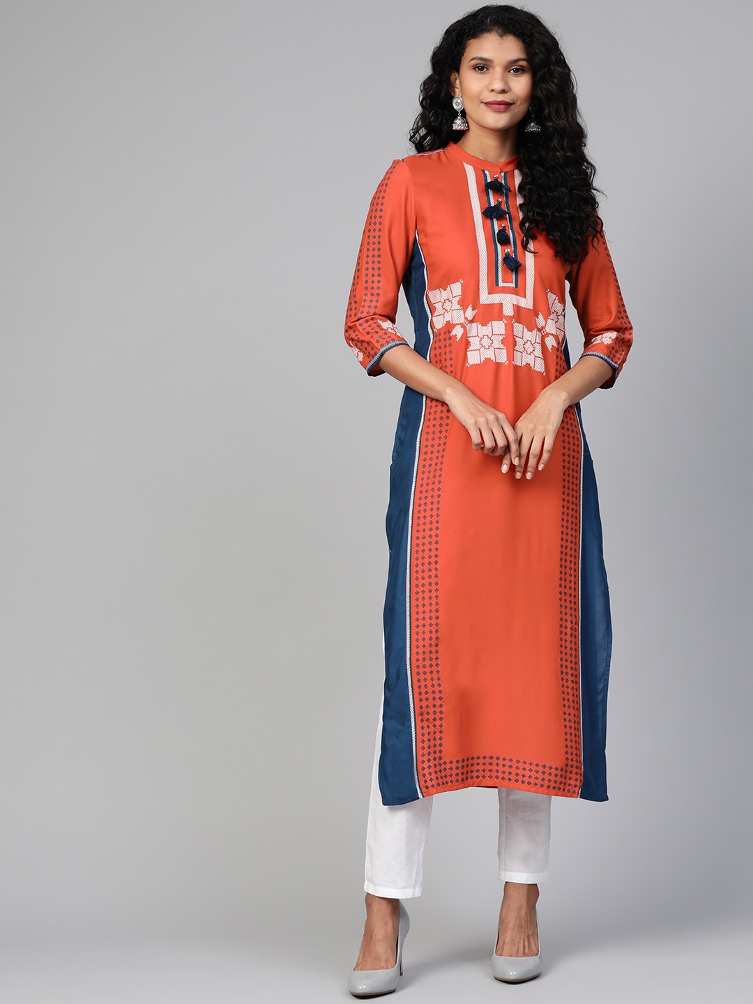 

W Women Rust & Navy Blue Printed Straight Kurta
