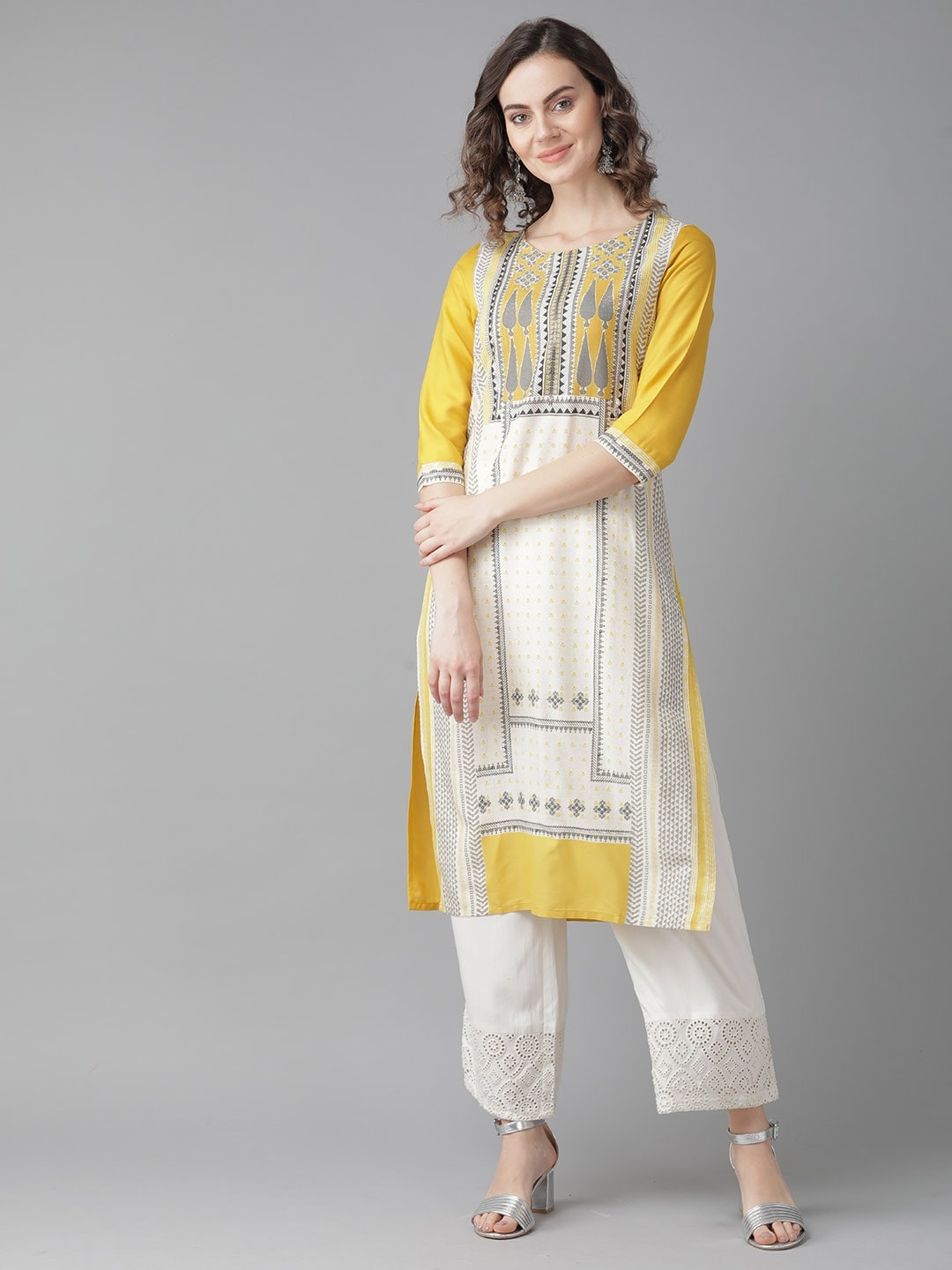 

W Women Off-White & Mustard Yellow Printed Straight Sustainable Kurta