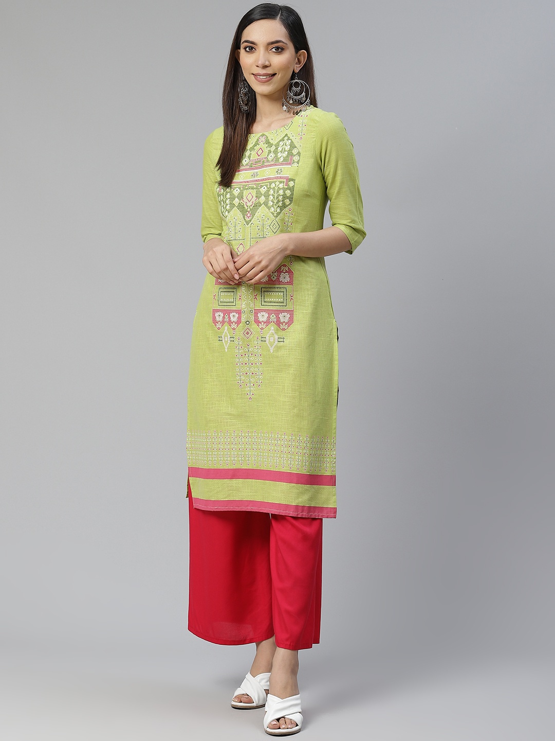 

W Women Green & Pink Ethnic Motifs Printed Kurta