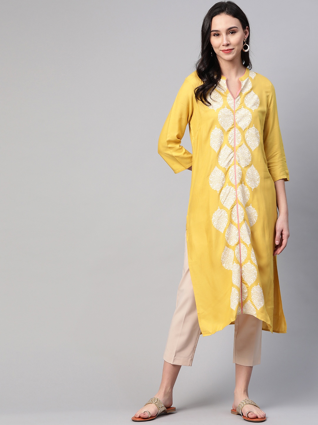 

W Women Mustard Yellow & Off-White Printed Asymmetric Straight Kurta