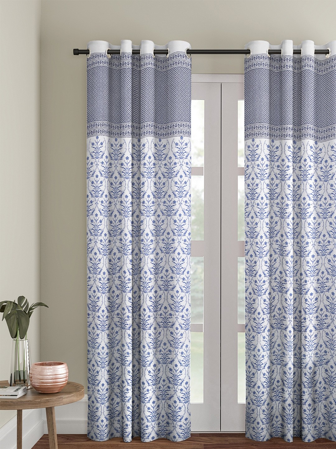 

Rajasthan Decor White & Blue Printed Single Door Curtain