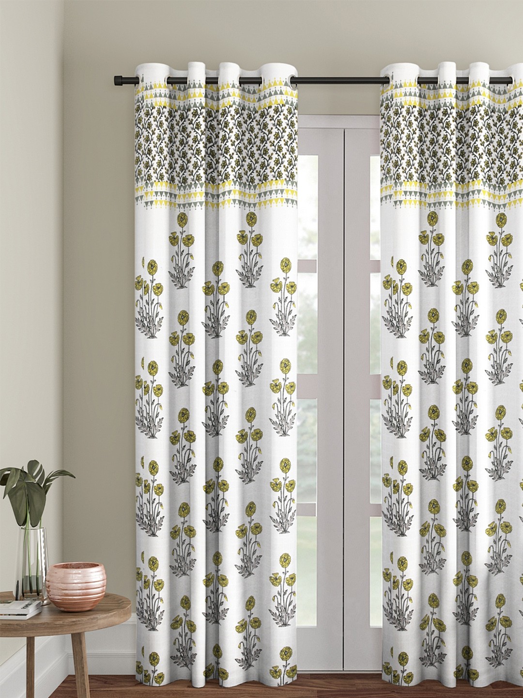 

Rajasthan Decor White & Yellow Printed Single Door Curtain