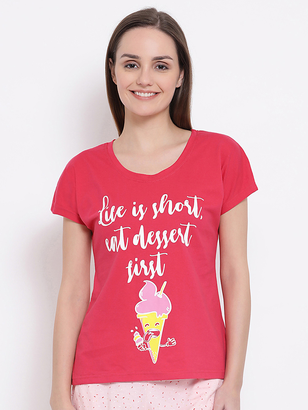 

Clovia Women Pink & White Printed Lounge T-Shirt