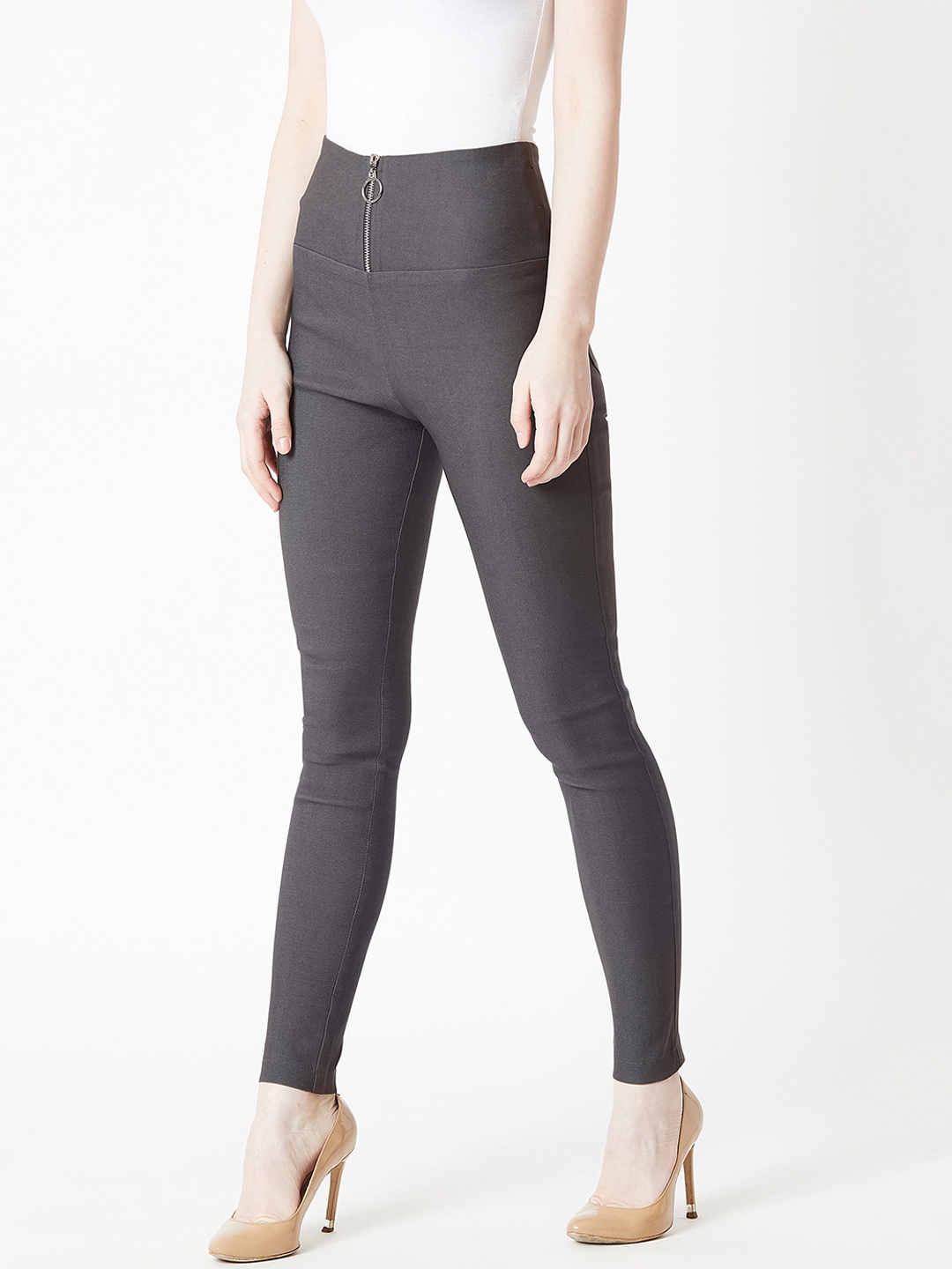 

Miss Chase Women Grey Solid Skinny-Fit Make Life Epic Zipped Up Treggings