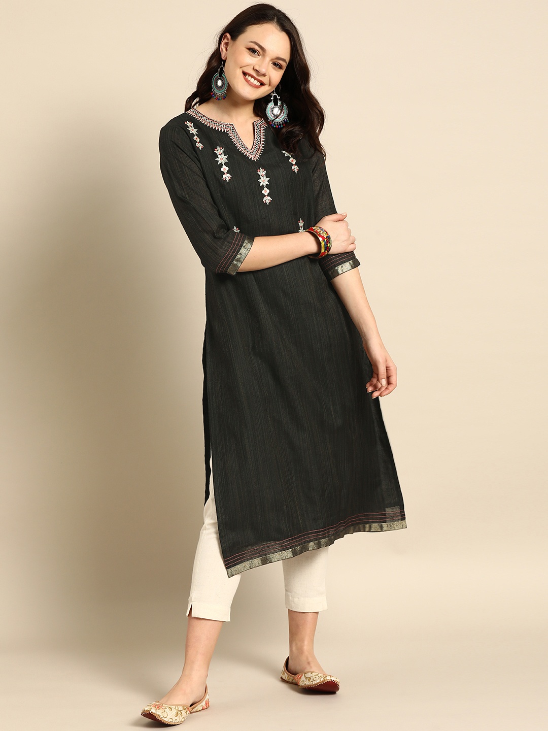

Soch Women Black Yoke Design Chanderi Cotton Straight Kurta