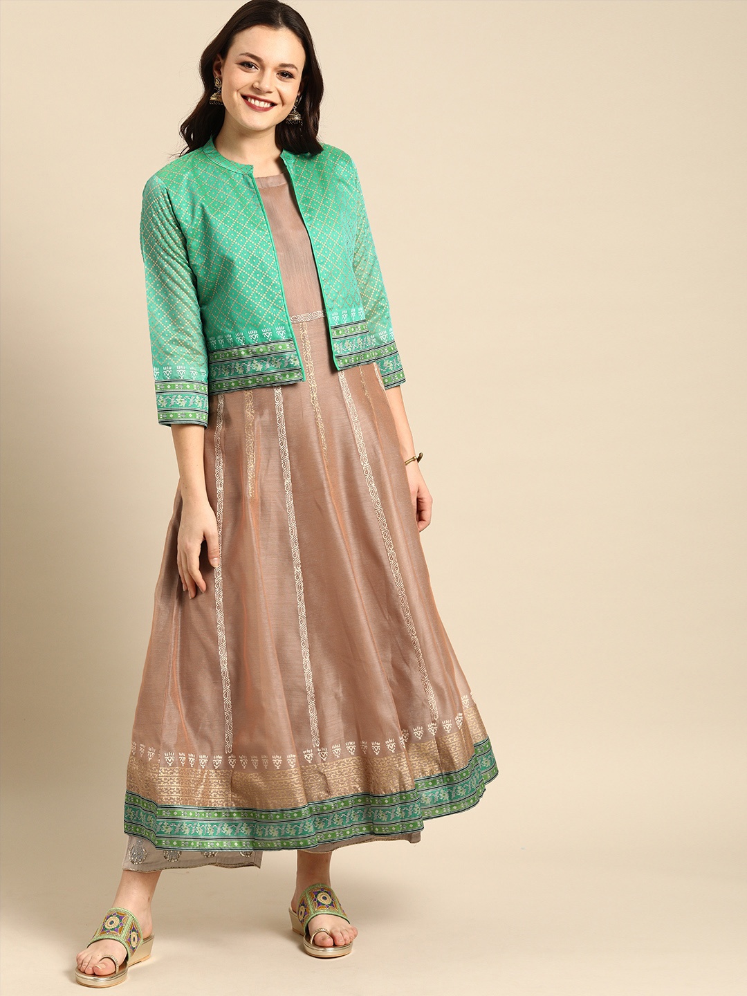 

Soch Women Brown & Green Printed A-Line Layered Kurta With Jacket