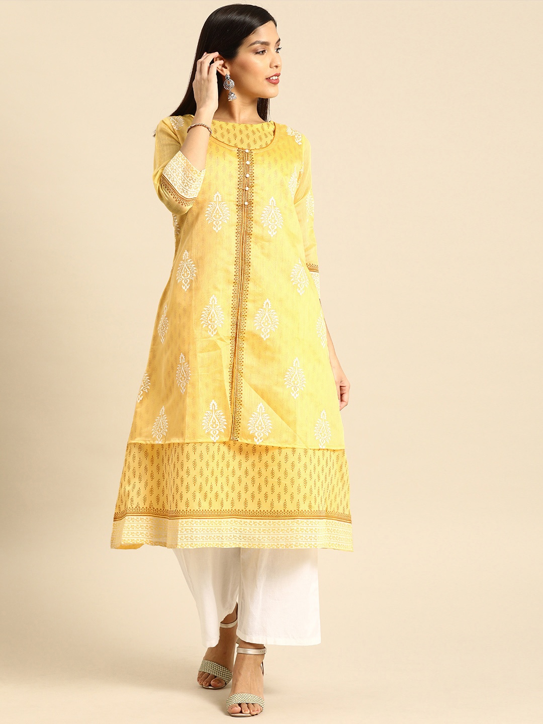 

Soch Women Yellow Printed A-Line Kurta