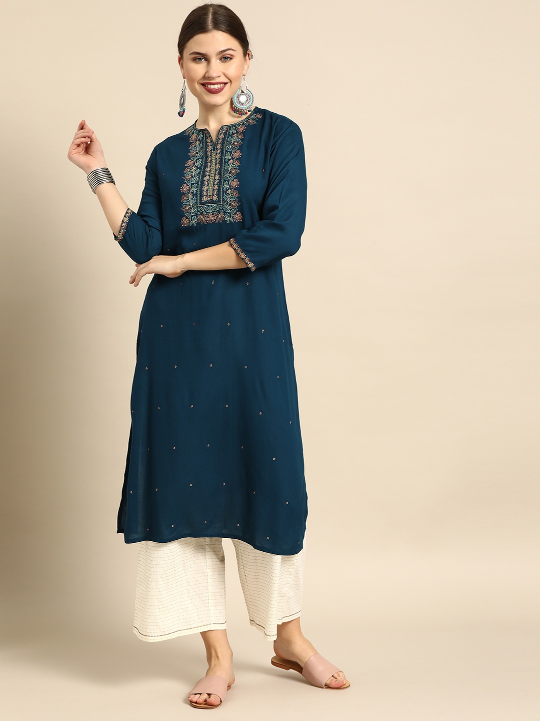 

Soch Women Teal Blue Yoke Design Straight Kurta