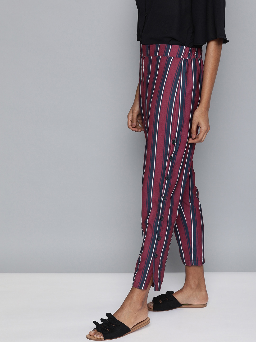 

HERE&NOW Women Maroon & Navy Blue Regular Fit Striped Regular Trousers