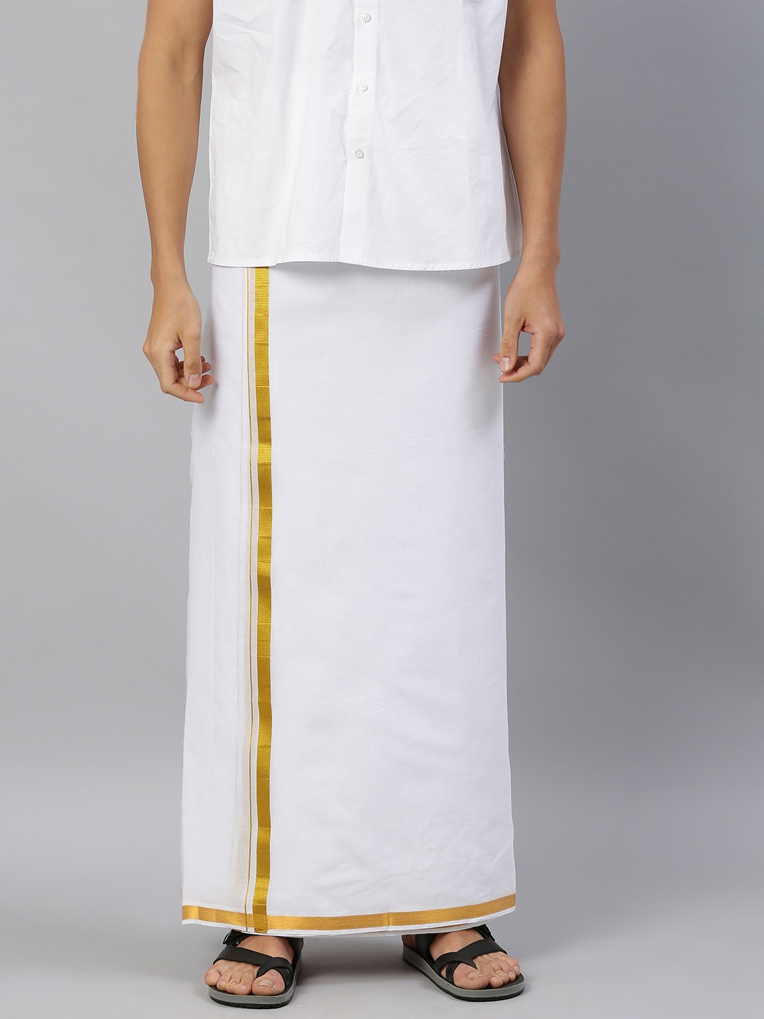 

Ramraj Men White Pure Cotton Double Layer Dhoti with Gold Zari Border