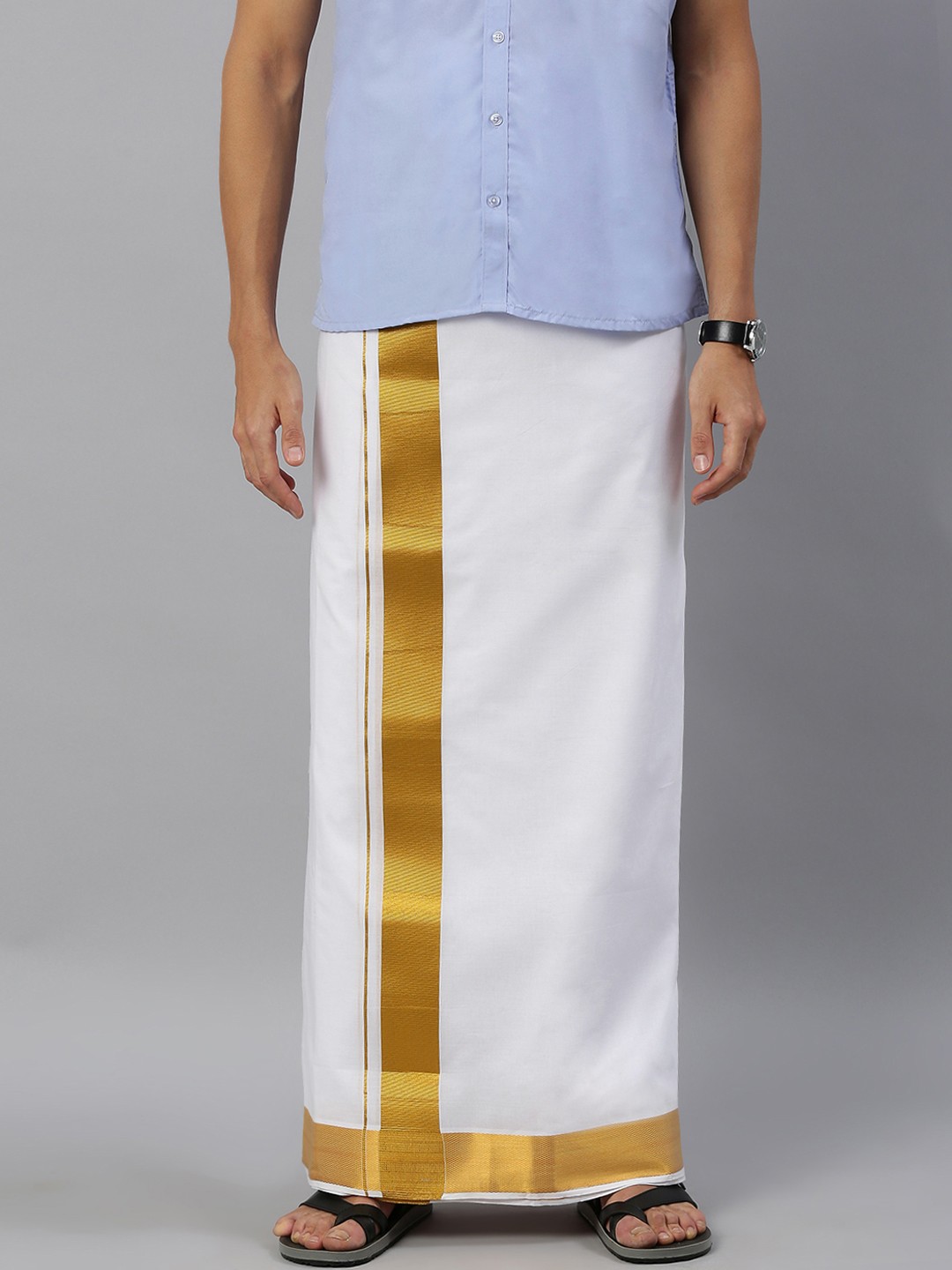 

Ramraj Men White Pure Cotton Double Layer Solid Kaviyam Dhoti with Gold Zari Border