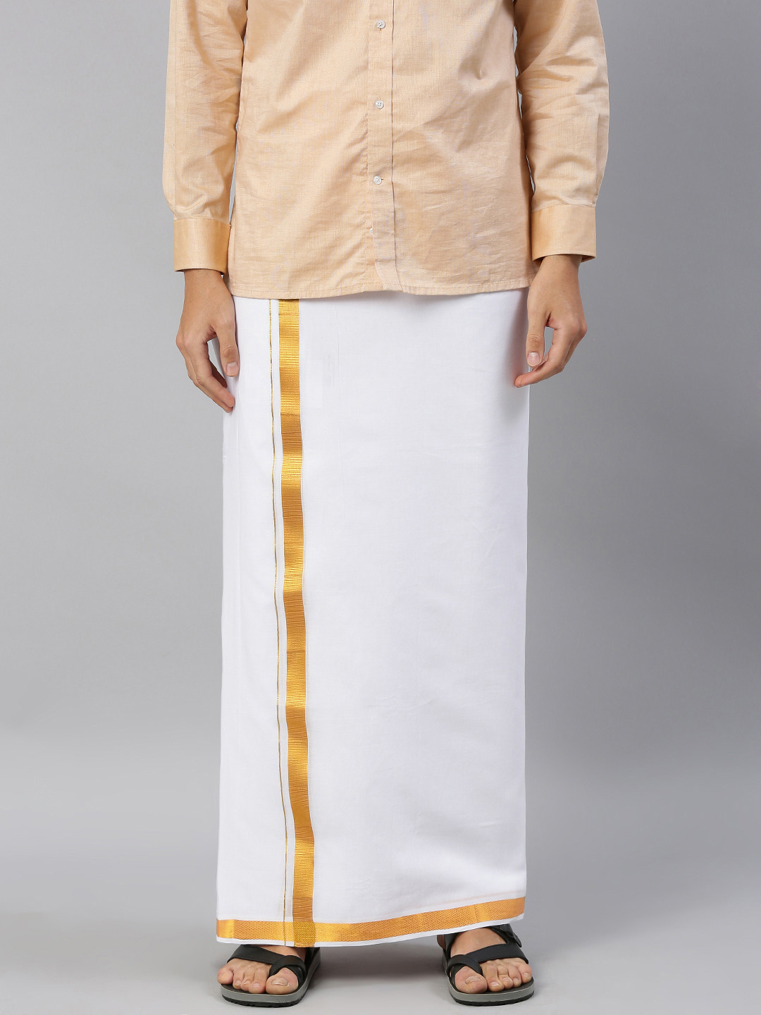 

Ramraj Men White Pure Cotton Double Layer Dhoti with Gold Zari Border
