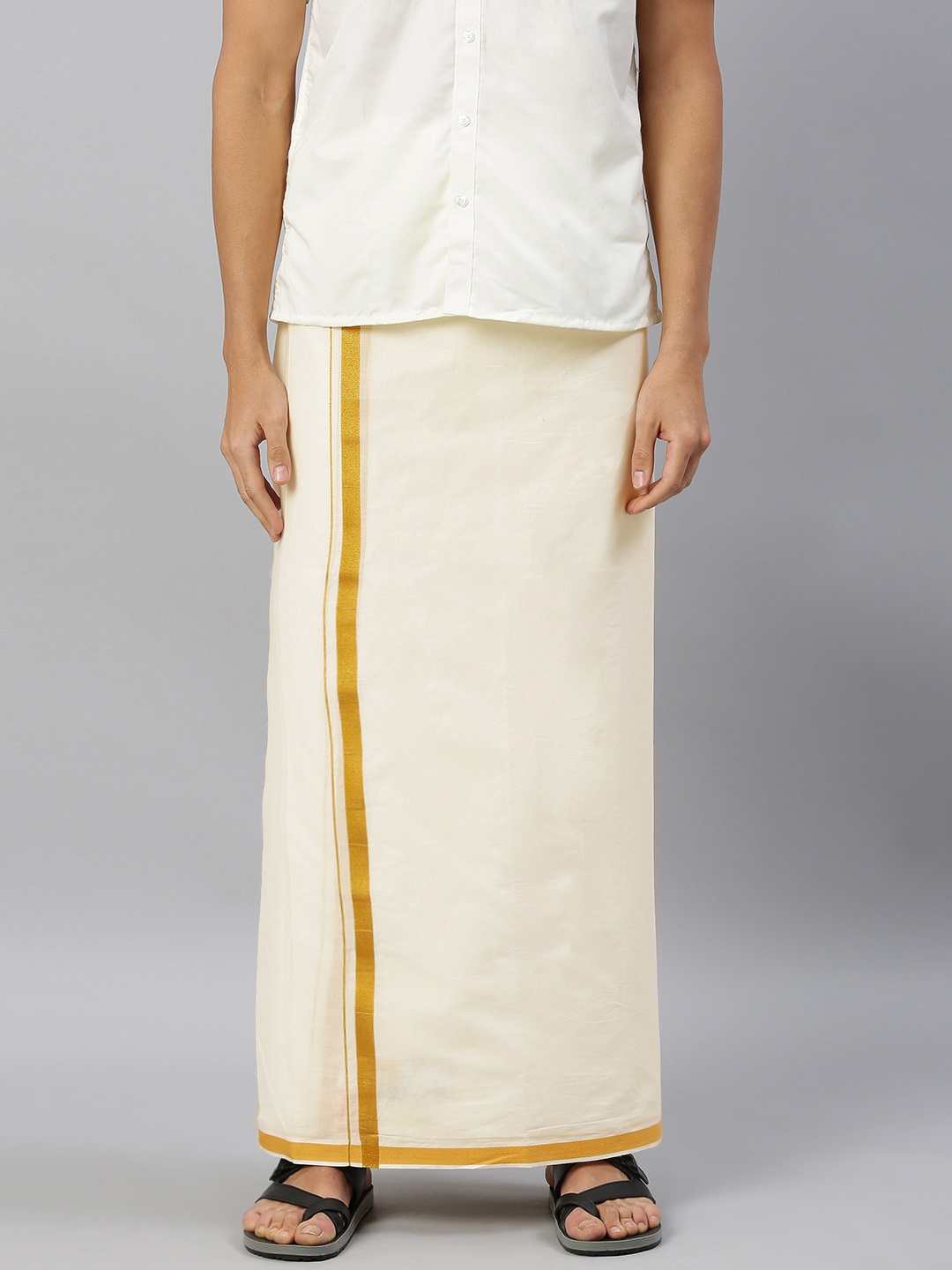 

Ramraj Men Cream-Coloured Cotton Double Layer Solid SAMSKARA Dhoti with Gold Zari Border