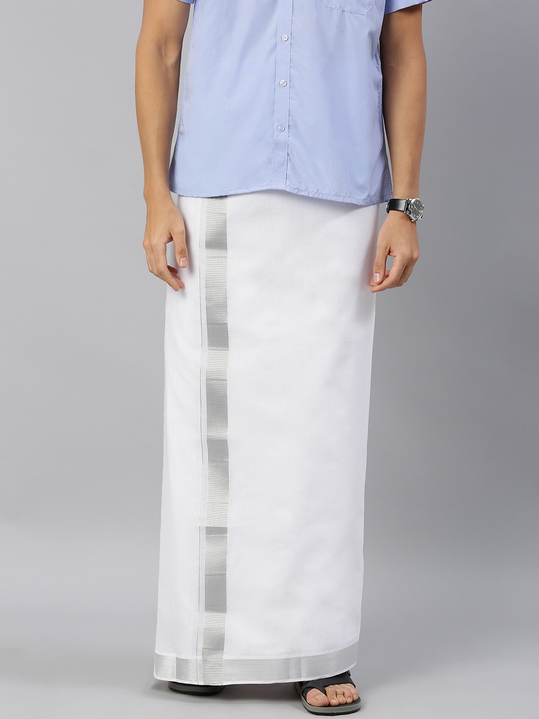 

Ramraj Men White Pure Cotton Double Layer Dhoti with Silver Zari Border