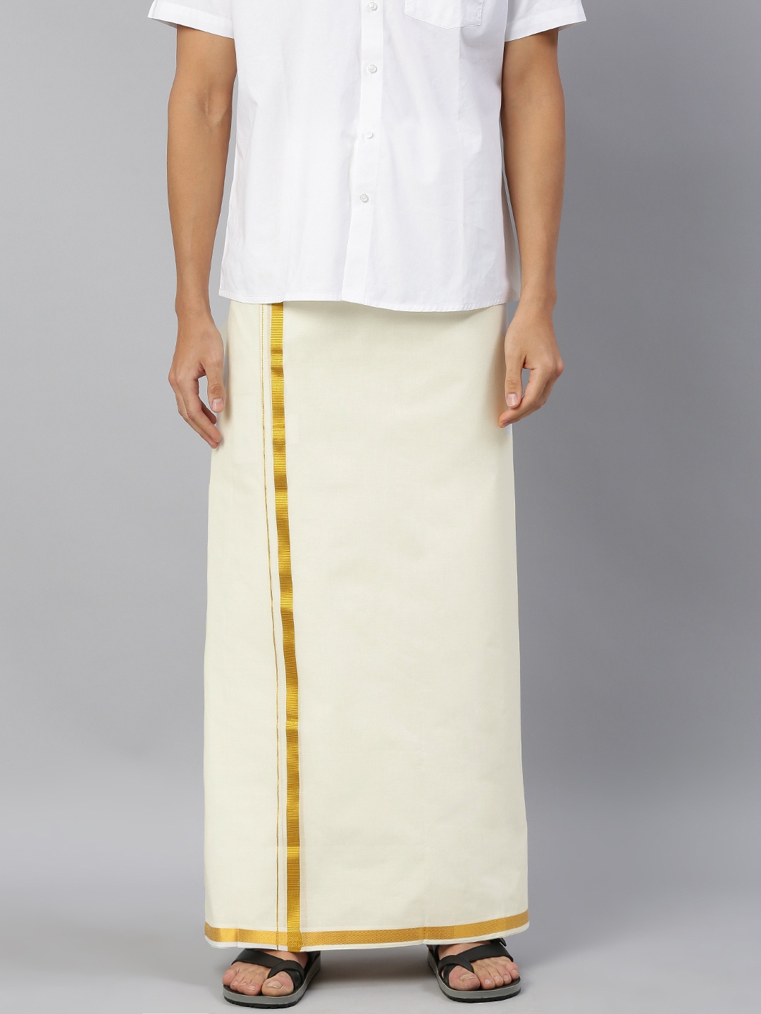 

Ramraj Mens Cream-Coloured Pure Cotton Double Layer Dhoti Gold Zari Border, Off white