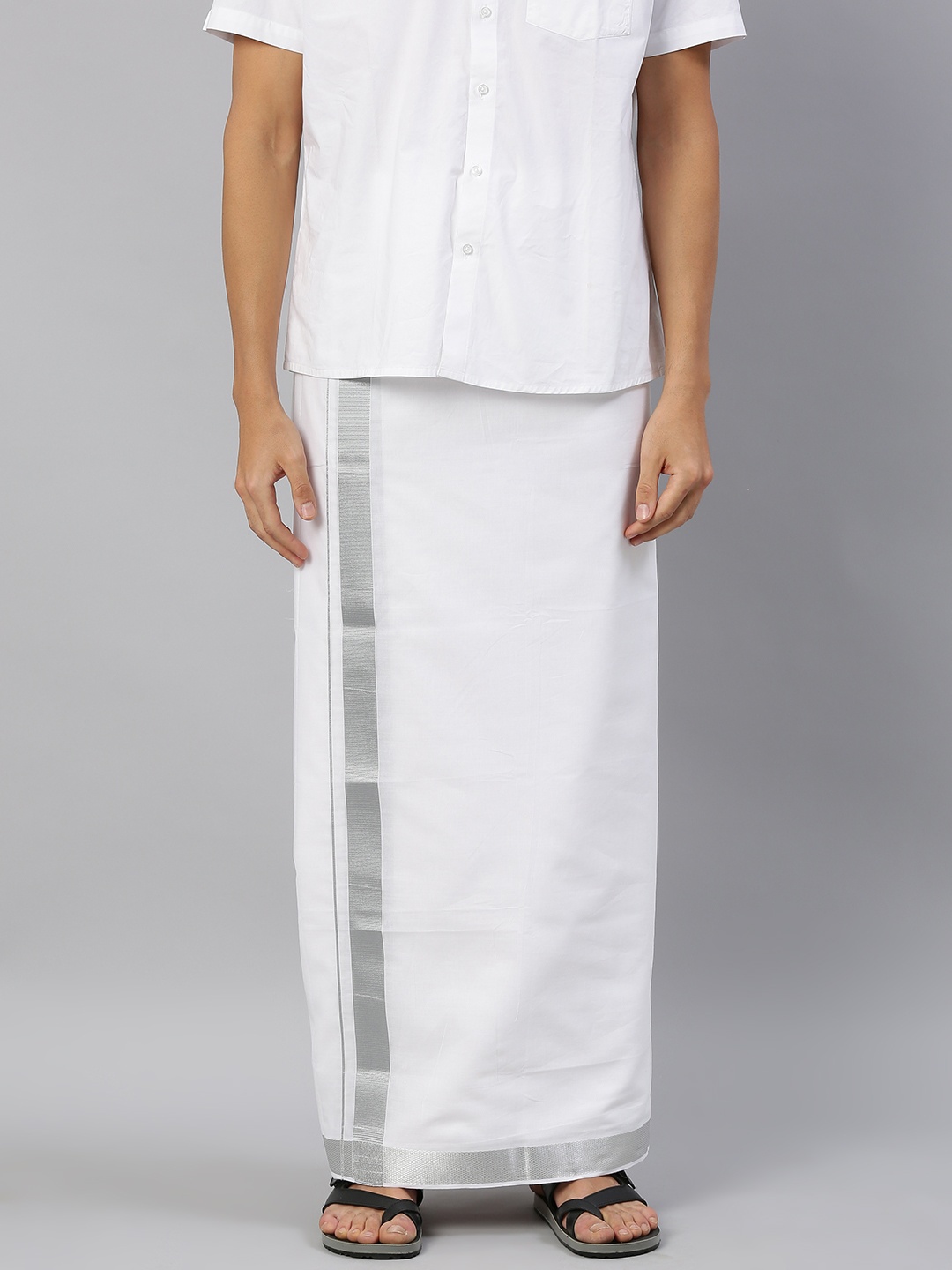 

Ramraj Men White Pure Cotton Double Layer Dhoti with Silver Zari Border