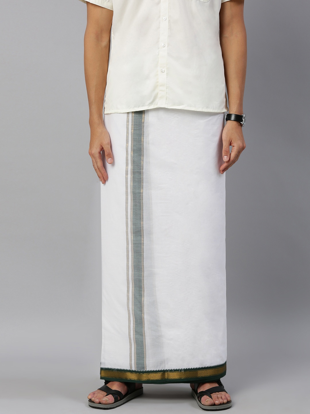 

Ramraj Men White Solid Dhoti With Contrast Woven Design Border
