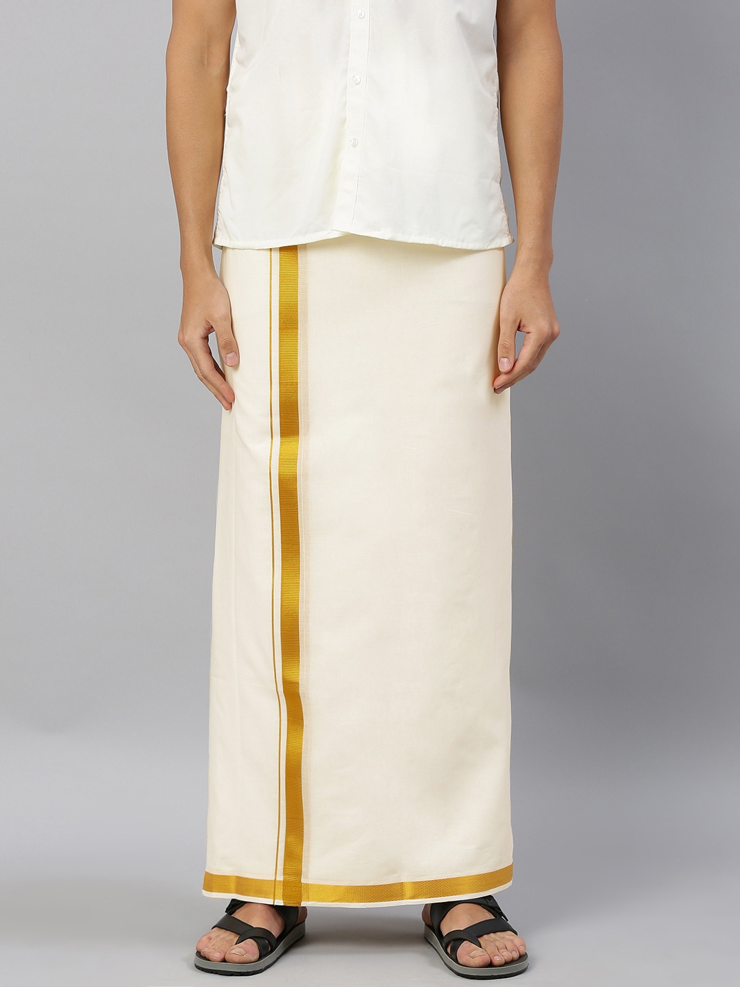 

Ramraj Mens Cream-Coloured Pure Cotton Solid NITHYANJALI Dhoti with Angavastram