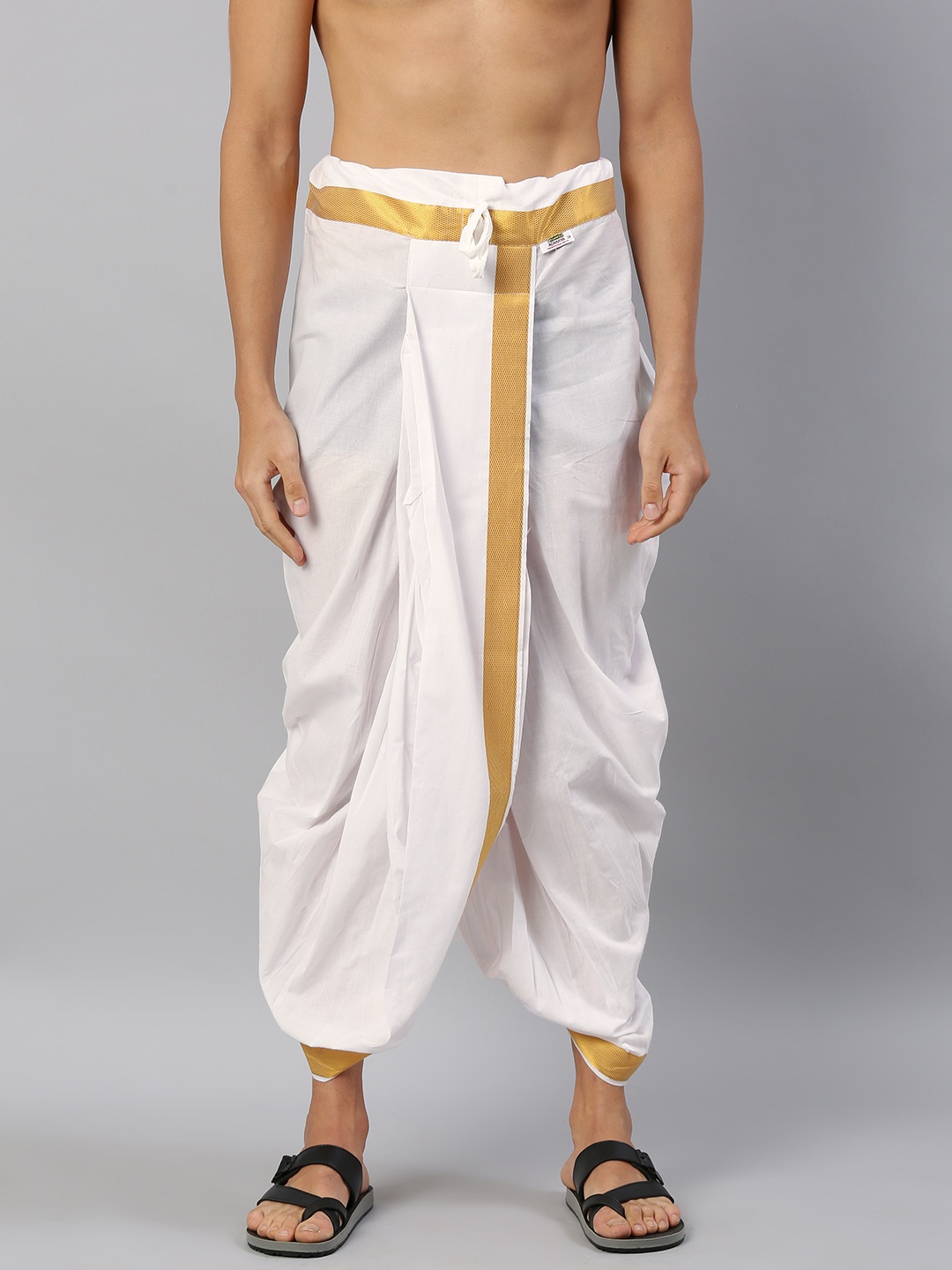 

Ramraj Men White Solid Ready Made Panchakacham Dhoti with Angavastram