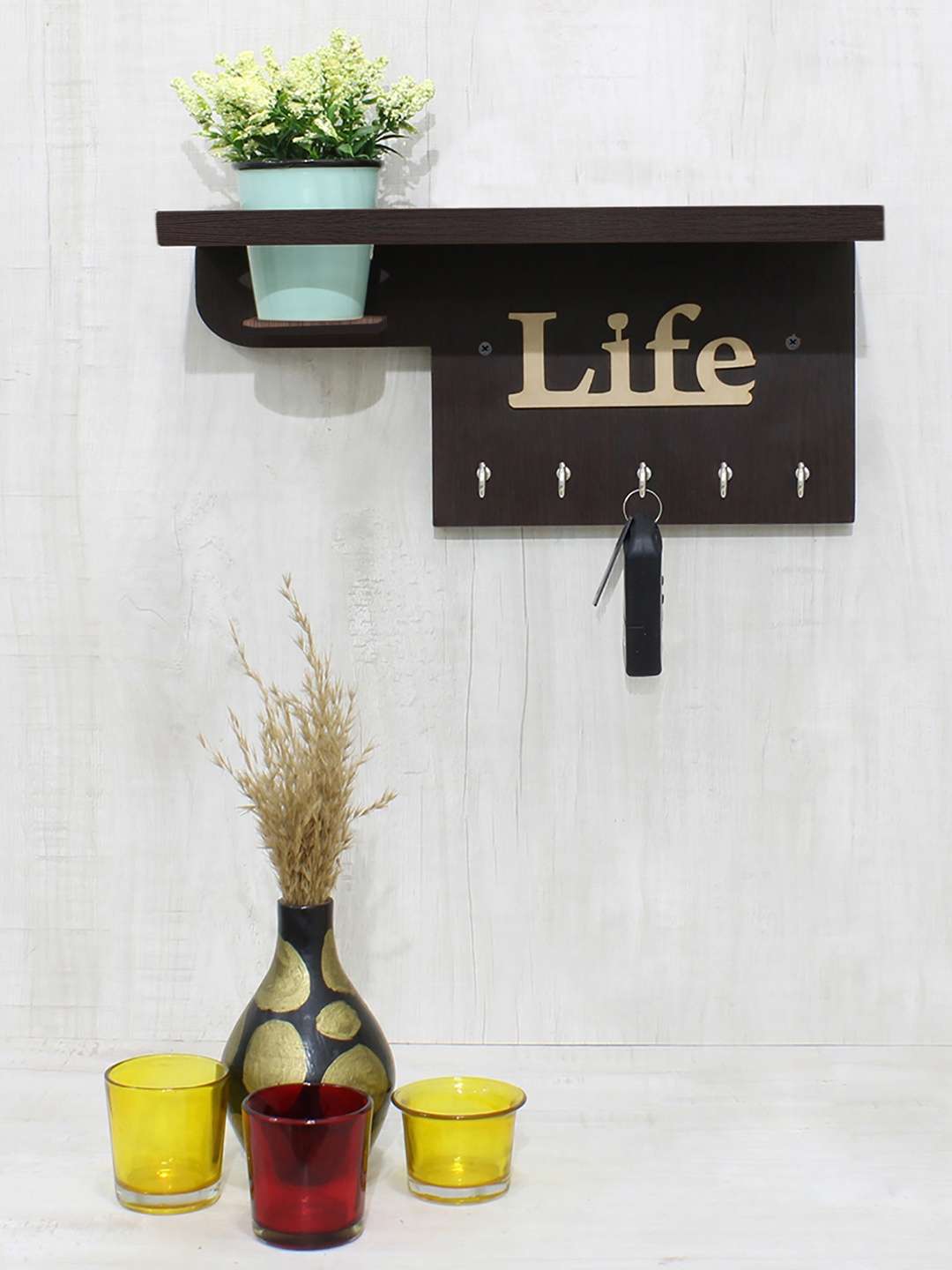 

RANDOM Coffee Brown Laminated Wood Wall Shelf with Keyholders